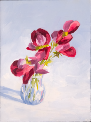 An oil painting of purple, pink, and red sweetpea flowers in a glass scotch thistle vase. The background has a soft gradient of white and light blue. There are visible brush strokes and texture. 