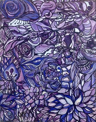 Abstract purple and blue flowers and abstract designs 