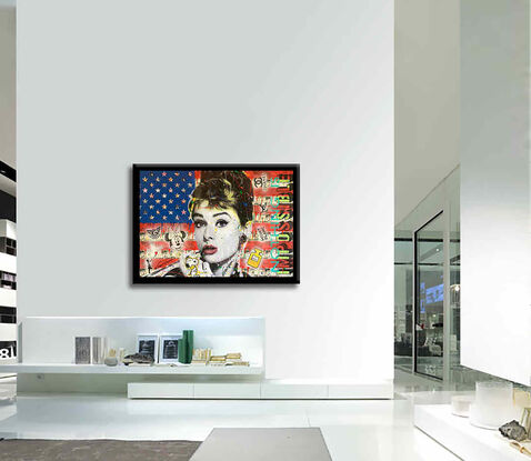 audrey hepburn, flag, usa, red and blue, collage art, mix media, portrait, celebrities, luxury, tiffany, wall painting, wall art, 