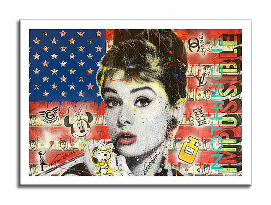 audrey hepburn, flag, usa, red and blue, collage art, mix media, portrait, celebrities, luxury, tiffany, wall painting, wall art, 