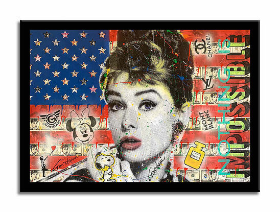 audrey hepburn, flag, usa, red and blue, collage art, mix media, portrait, celebrities, luxury, tiffany, wall painting, wall art, 