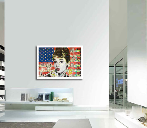 audrey hepburn, flag, usa, red and blue, collage art, mix media, portrait, celebrities, luxury, tiffany, wall painting, wall art, 