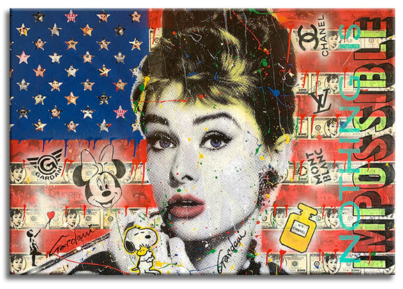 audrey hepburn, flag, usa, red and blue, collage art, mix media, portrait, celebrities, luxury, tiffany, wall painting, wall art, 