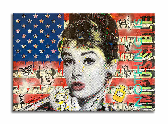 audrey hepburn, flag, usa, red and blue, collage art, mix media, portrait, celebrities, luxury, tiffany, wall painting, wall art, 