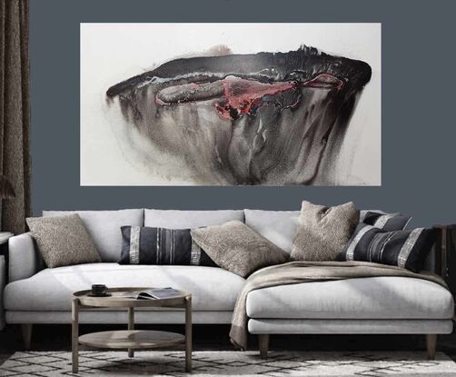 a large abstract of lava and black rock in Iceland. Molten magma. Black, white, red and silver