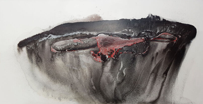 a large abstract of lava and black rock in Iceland. Molten magma. Black, white, red and silver