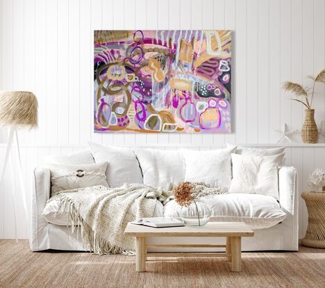 A busy abstract pottery studio in abstract lines and caramel and purple tones