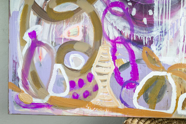 A busy abstract pottery studio in abstract lines and caramel and purple tones