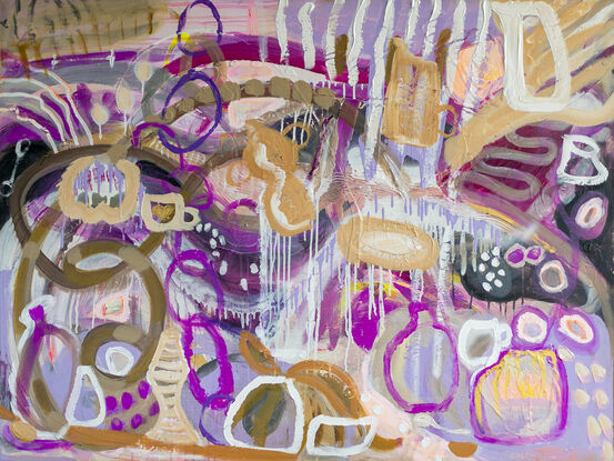 A busy abstract pottery studio in abstract lines and caramel and purple tones