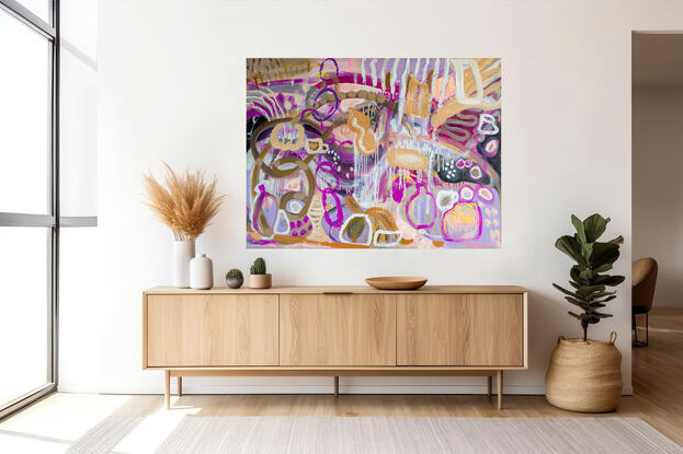 A busy abstract pottery studio in abstract lines and caramel and purple tones