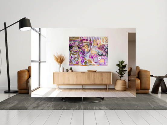 A busy abstract pottery studio in abstract lines and caramel and purple tones