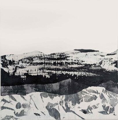 A black and white abstract landscape of mountains