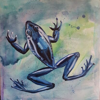 Pale blue and green background with a blue frog with long legs bent at an angle.