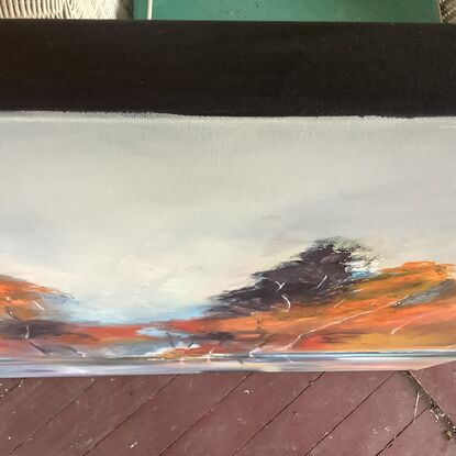 Oil on canvas, strung and ready to hang. Sides painted black to gallery standard.
90 x 100 cms