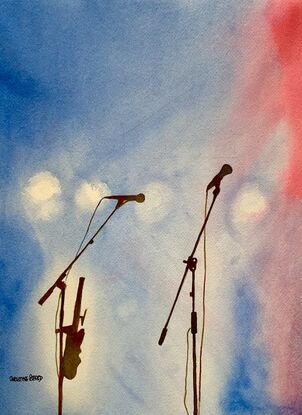 artwork image of microphones on stage under spotlights
