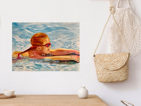 artwork image of a girl swimming floating along with a boogie board
