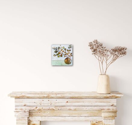 A vase of flowers on a green table against a white wall, painted in multiple layers using negative space technique 