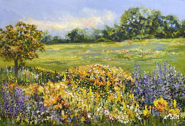 Splashes of red, orange and yellow flowers in the background between the summery sky and gentle mountain peaks. There are a profusion of flowers of all colours in the foreground. Including purple mauve light blue.  A summer field of flowers  that is relaxing  to immerse yourself in its calm and restful feeling. This is a happy piece and will be a soothing beautiful addition to your home. 