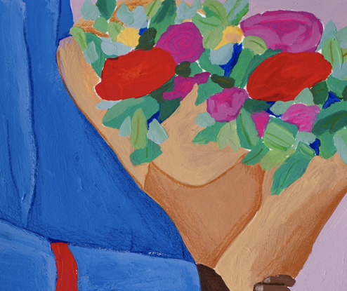 A crop of a woman in a blue coat with a red bag, holding a bunch of vibrant flowers in brown paper.