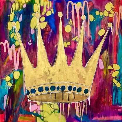 A golden crown painted in metallic gold paint, on a background of every colour of the rainbow.  It’s fit for any king or queen