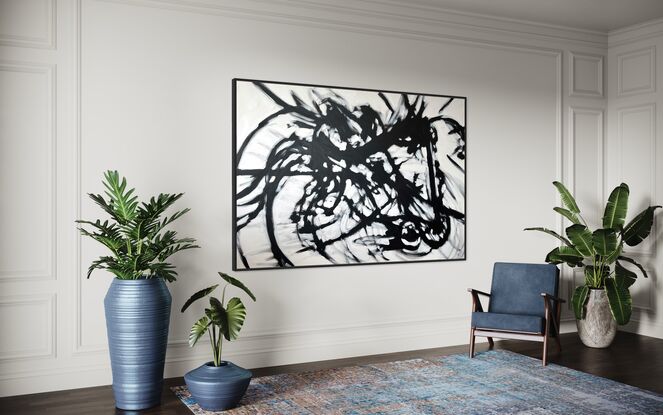 Large black and white action abstract painting