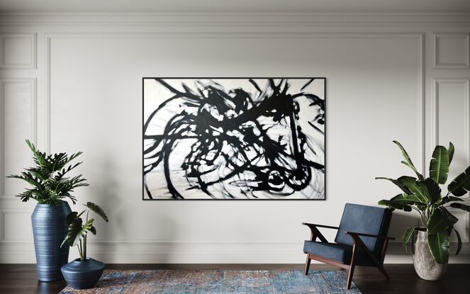 Large black and white action abstract painting