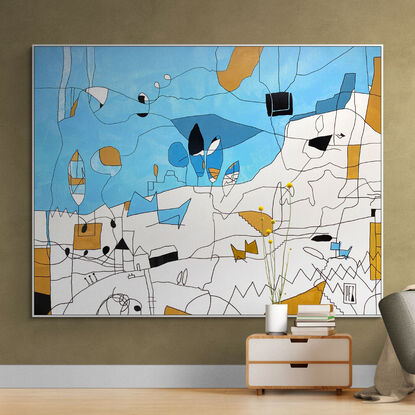 Playful, extra large semi abstract figurative landscape with bold blues and ochre browns.