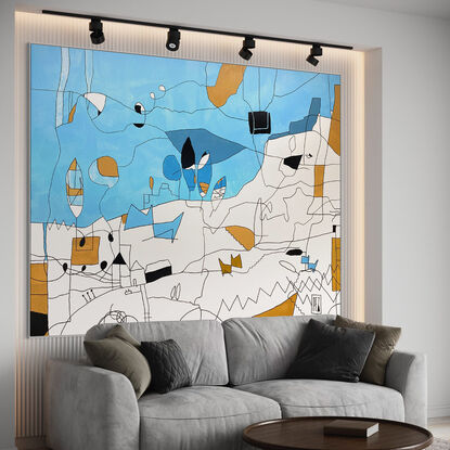 Playful, extra large semi abstract figurative landscape with bold blues and ochre browns.