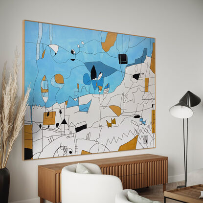 Playful, extra large semi abstract figurative landscape with bold blues and ochre browns.