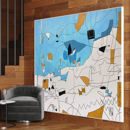 Playful, extra large semi abstract figurative landscape with bold blues and ochre browns.