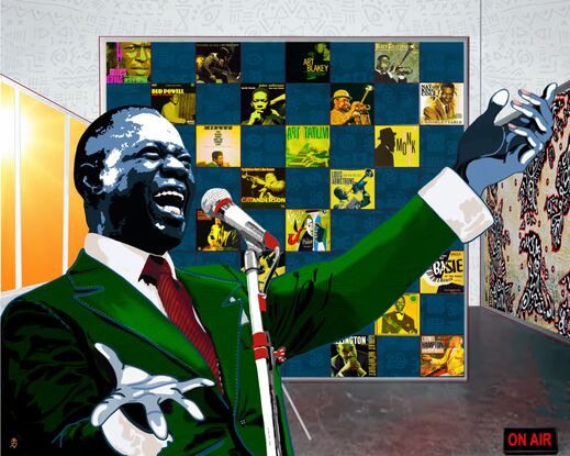 Armstrong
This painting has been in the works for quite some time in my mind, portraying the ambassador of jazz, Mr. Louis Armstrong. My goal for this painting was to depict Satchmo, aka Louis Armstrong, in the familiar role of leading the show. Dressing him in a very flashy green suit and red tie, I feel helps to showcase his grand personality and stage presence. From an artistic point of view, it was such a joy to focus on the little details of the blue piping and stitching on his lapel, tie, and other areas. I added blue accents to enhance the overall composition. This painting offers many points of interest. Behind Armstrong, I aimed to capture the essence of jazz by highlighting some of the most famous and beloved jazz players to ever grace the music scene. This painting invites you to sit down and enjoy its liveliness, immersing yourself in Louis Armstrong's world of jazz. Creating this painting on acrylic glass gives it a luxurious, contemporary look with very clean lines, and the appearance of the artwork floating on the wall. If you're a jazz lover, this one's for you.
