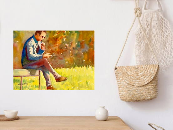 artwork image of a man sitting on a bench vaping 
