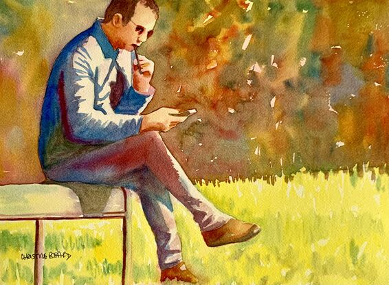 artwork image of a man sitting on a bench vaping 
