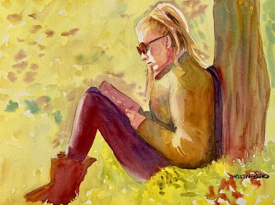 artwork image of a woman sitting the grass leaning against a tree reading a book in the sun on a winters day
