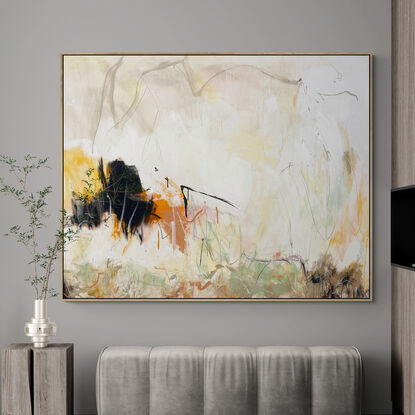 Subtle tones in warm earthy beige, apricot, orange, pink, blush, white, grey, black and light green combined with large expressive pencil and paint marks, across the canvas surface. 