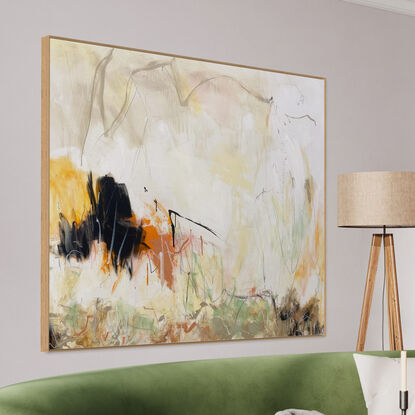 Subtle tones in warm earthy beige, apricot, orange, pink, blush, white, grey, black and light green combined with large expressive pencil and paint marks, across the canvas surface. 