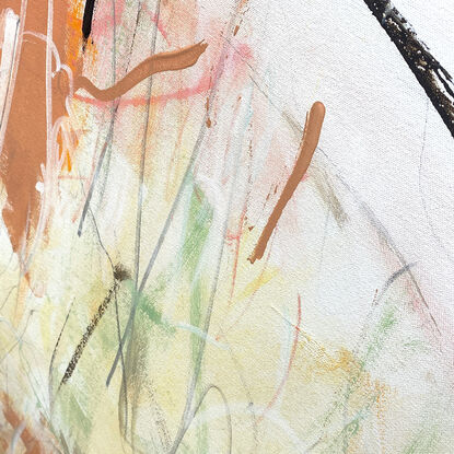 Subtle tones in warm earthy beige, apricot, orange, pink, blush, white, grey, black and light green combined with large expressive pencil and paint marks, across the canvas surface. 