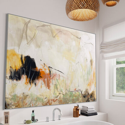 Subtle tones in warm earthy beige, apricot, orange, pink, blush, white, grey, black and light green combined with large expressive pencil and paint marks, across the canvas surface. 