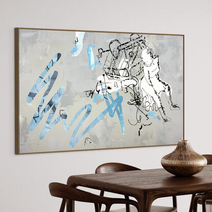 Dynamic acrylic strokes & ink lines forming an energetic abstract yet femaile figurative narrative.