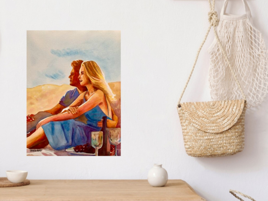 artwork image of a couple sitting contendly with a bottle of wine and cuddling
