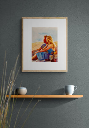 artwork image of a couple sitting contendly with a bottle of wine and cuddling
