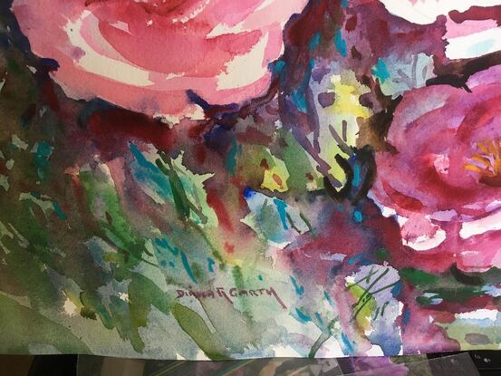 Pink Roses painted in a garden, on paper