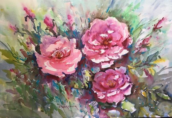 Pink Roses painted in a garden, on paper