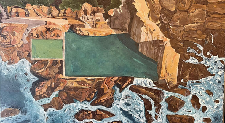 Aerial painting of the stunning Bermagui blue pools on the wild south coast of NSW 