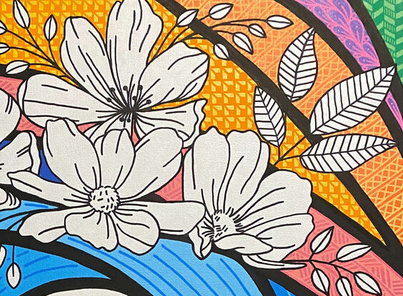 Acrylic painting colourful background and person surfing on large glue waves designed with black and white flowers and using paint markers creating intricate patterns and bold black outlines