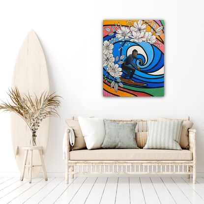 Acrylic painting colourful background and person surfing on large glue waves designed with black and white flowers and using paint markers creating intricate patterns and bold black outlines