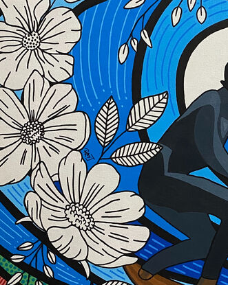 Acrylic painting colourful background and person surfing on large glue waves designed with black and white flowers and using paint markers creating intricate patterns and bold black outlines