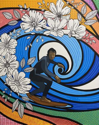 Acrylic painting colourful background and person surfing on large glue waves designed with black and white flowers and using paint markers creating intricate patterns and bold black outlines