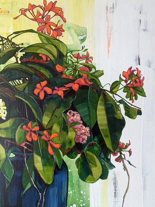 A framed, expressive still life painting of entangled flora in greens, yellows, reds and oranges.