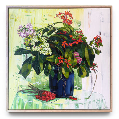 A framed, expressive still life painting of entangled flora in greens, yellows, reds and oranges.